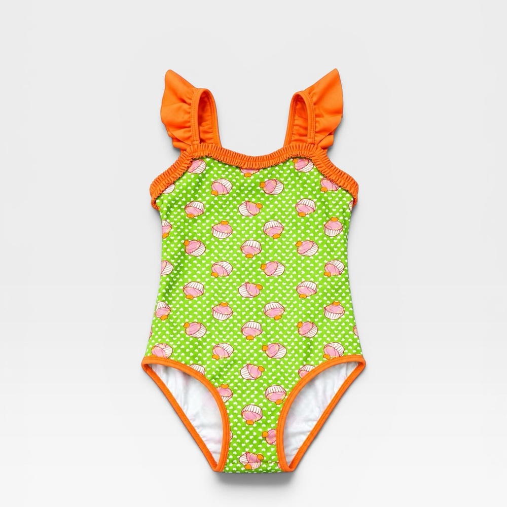Girls' Green Seashell Ruffle Strap One-Piece Swimsuit with Orange Trim